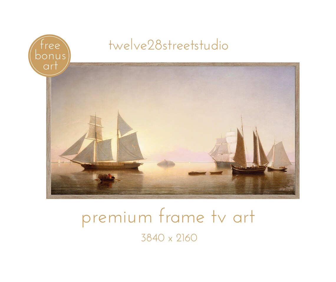 Fitz Henry Lane Becalmed Schooners Golden Calm Sea Luminist Art Print