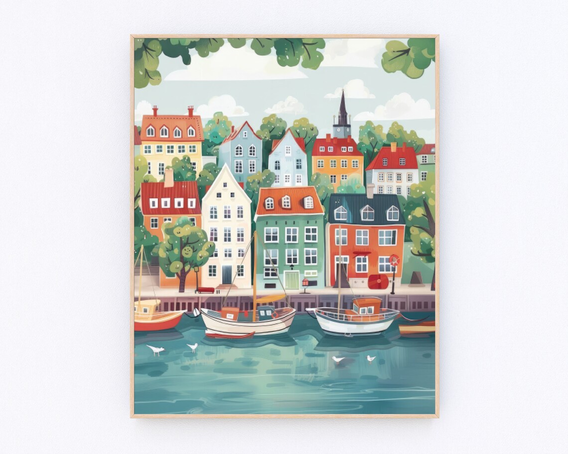 Copenhagen Harbor with Colorful Houses and Boats Travel Poster