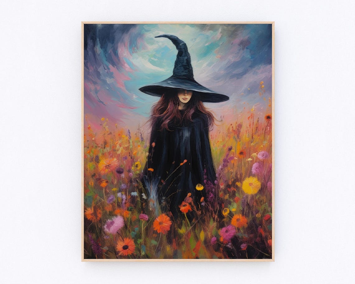 Mystical Witch in Flower Field Moody Cottagecore Halloween Art Poster