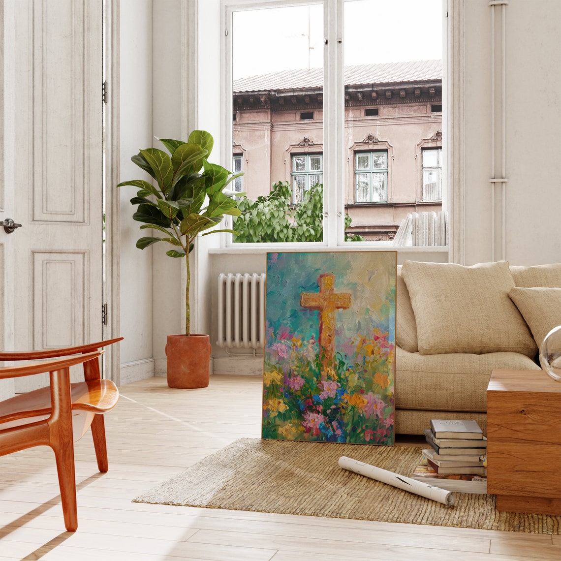 Golden Cross Painting with Colorful Wildflower Meadow Poster