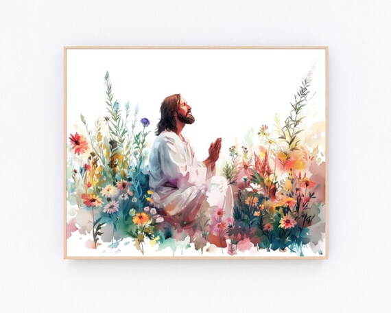 Jesus Praying Garden Wildflowers Watercolor Christian Faith Poster