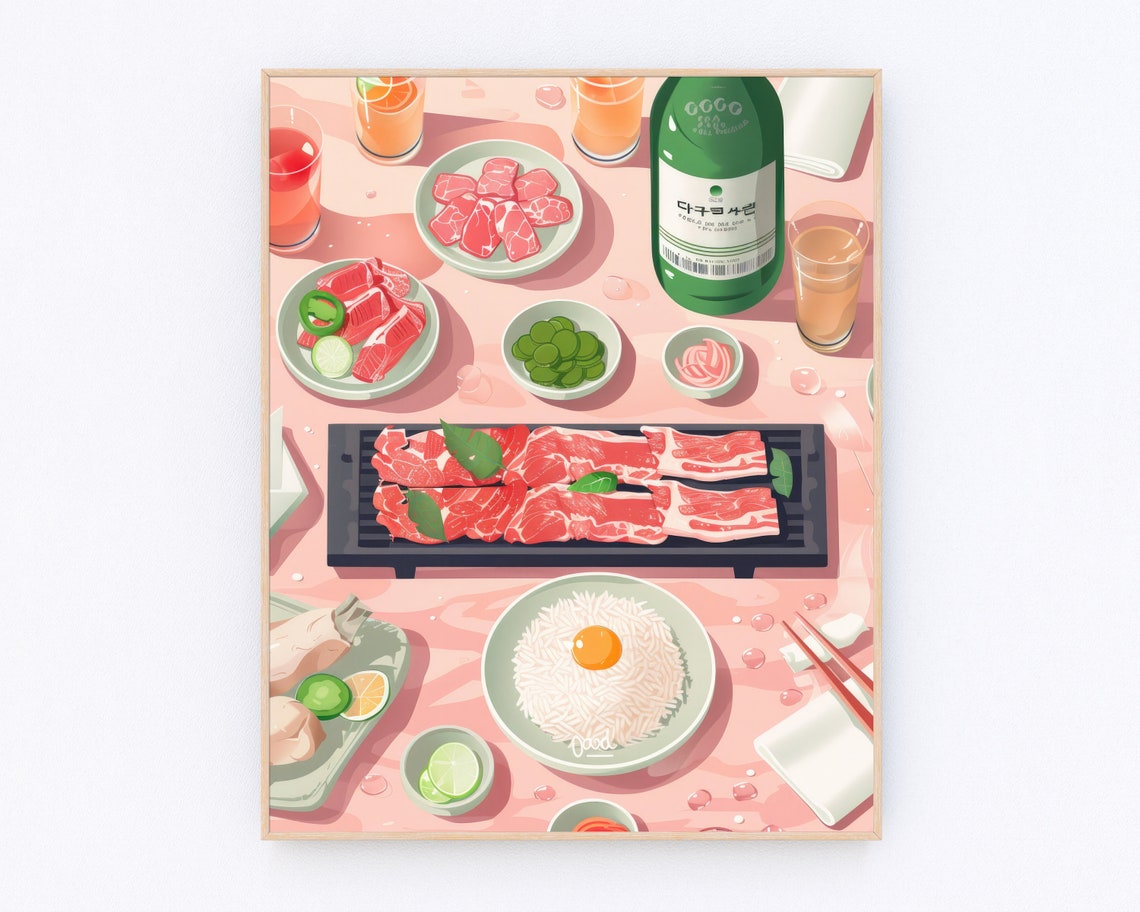Korean BBQ Table Illustration Korean Food Kitchen Wall Poster