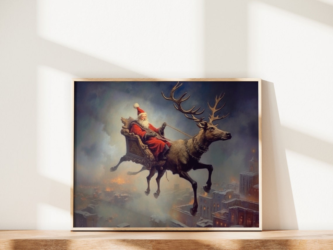Santa Claus Print Vintage Christmas Reindeer Winter Art Vintage Christmas Theme Print Santa Oil Painting Reindeer Print P093
