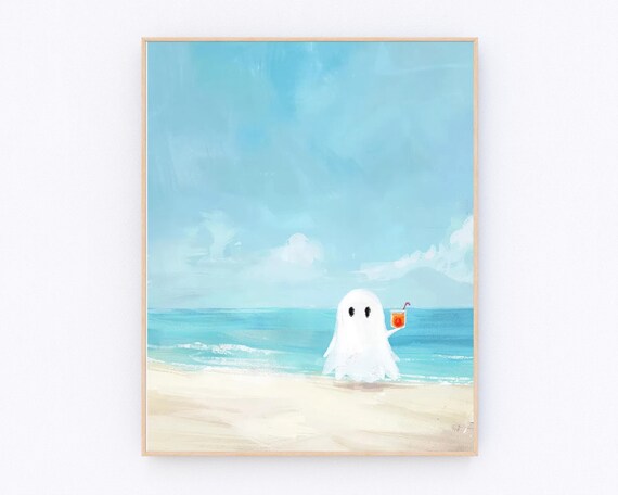 Adorable Cute Ghost Holding a Cocktail on a Sunny Beach Poster