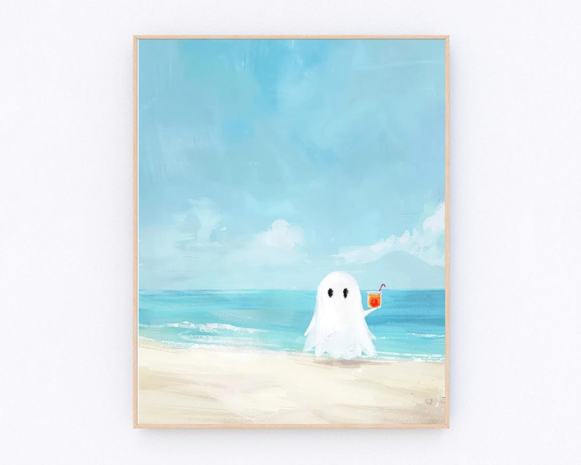 Adorable Cute Ghost Holding a Cocktail on a Sunny Beach Poster