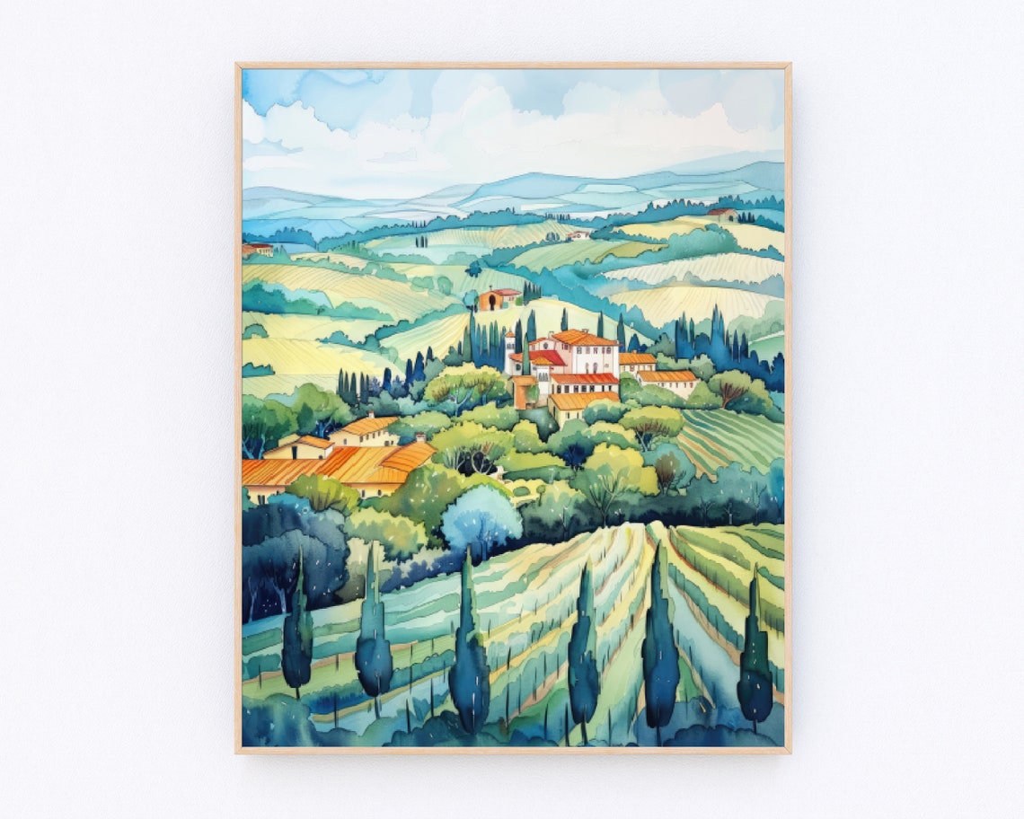 Tuscany Rolling Hills Cypress Villa Vineyards Watercolor Italy Poster