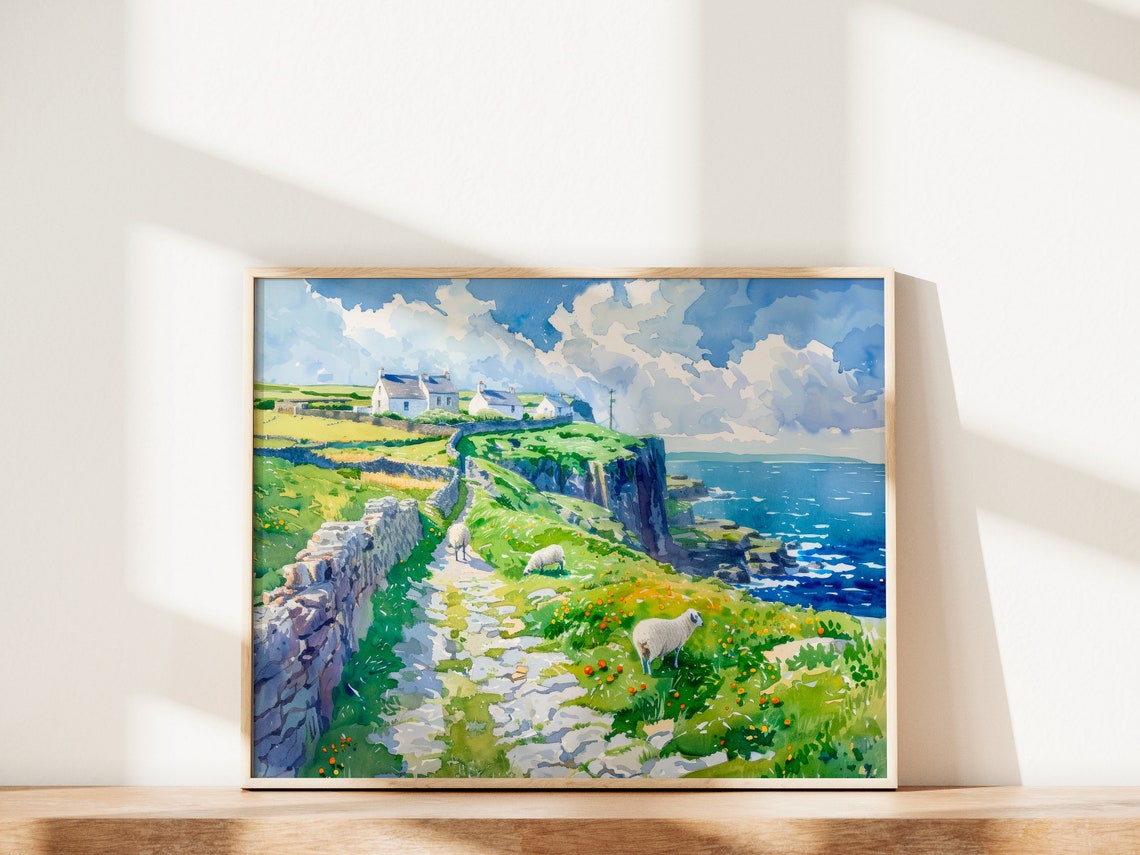 Ireland Coastal Farm Path with Sheep Watercolor Travel Poster - Image 2