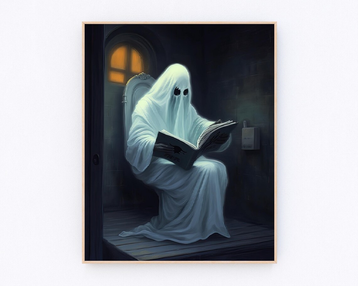Funny Ghost Reading Book on Toilet Moody Bathroom Halloween Wall Poster