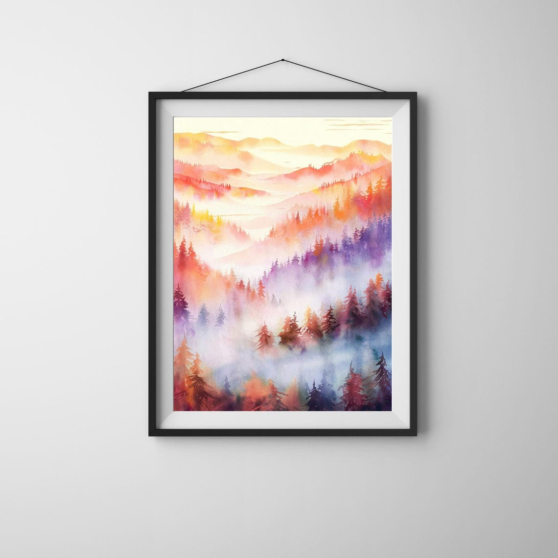 Sunset Mountain Ridges Watercolor Poster Layered Peaks Mist Art