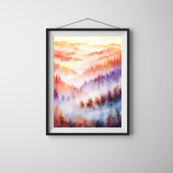 Sunset Mountain Ridges Watercolor Poster Layered Peaks Mist Art