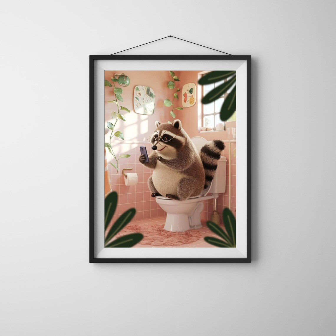 Funny Raccoon On Toilet Art Print, Bathroom Decor