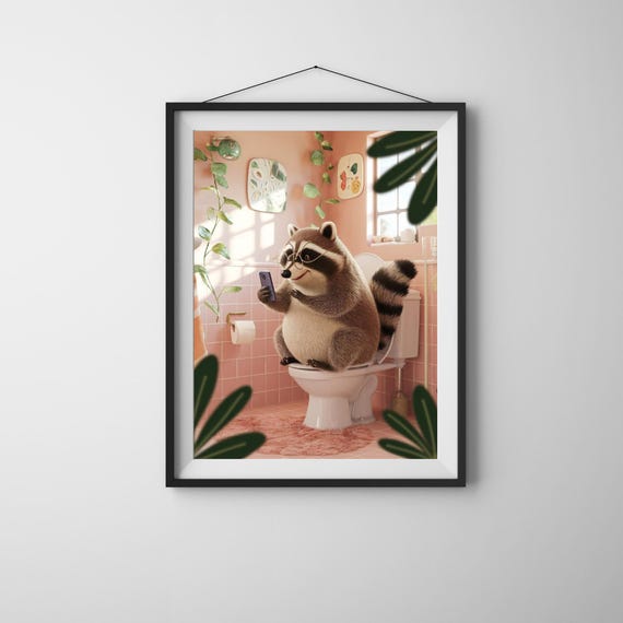 Funny Raccoon On Toilet Art Print, Bathroom Decor