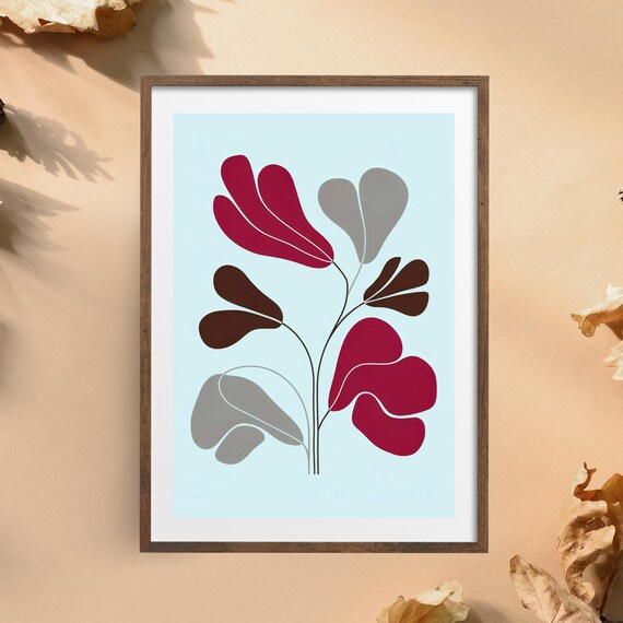 Abstract Red Gray Leaves on Pale Blue Modern Botanical Poster