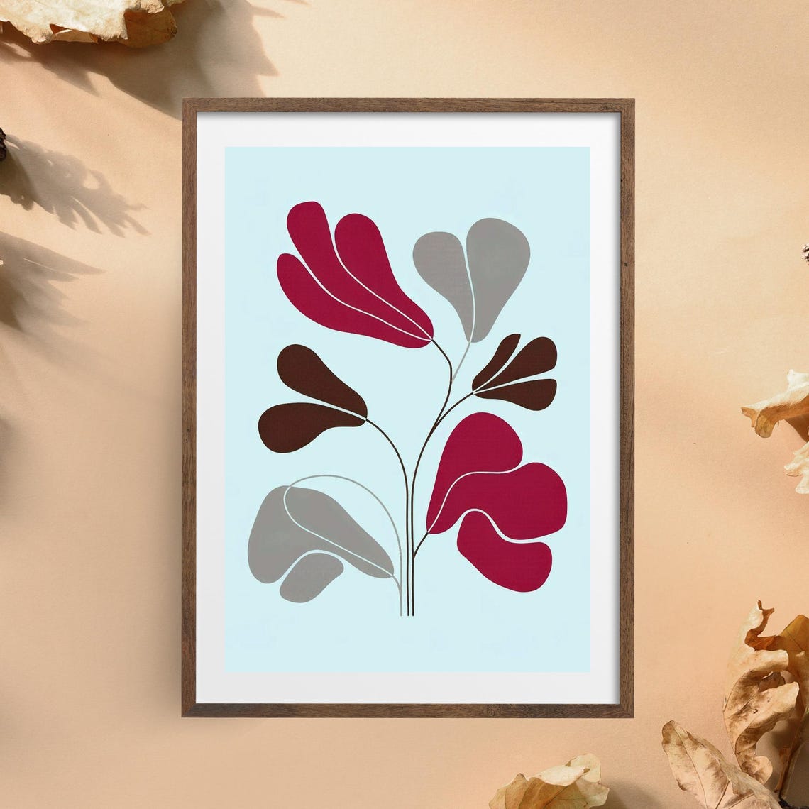 Abstract Red Gray Leaves on Pale Blue Modern Botanical Poster
