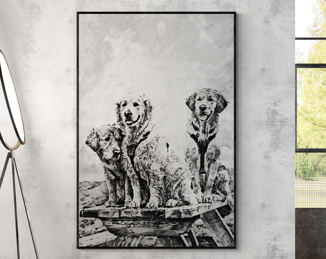 Three Cute Golden Retrievers Black White Sketch Dog Art Poster