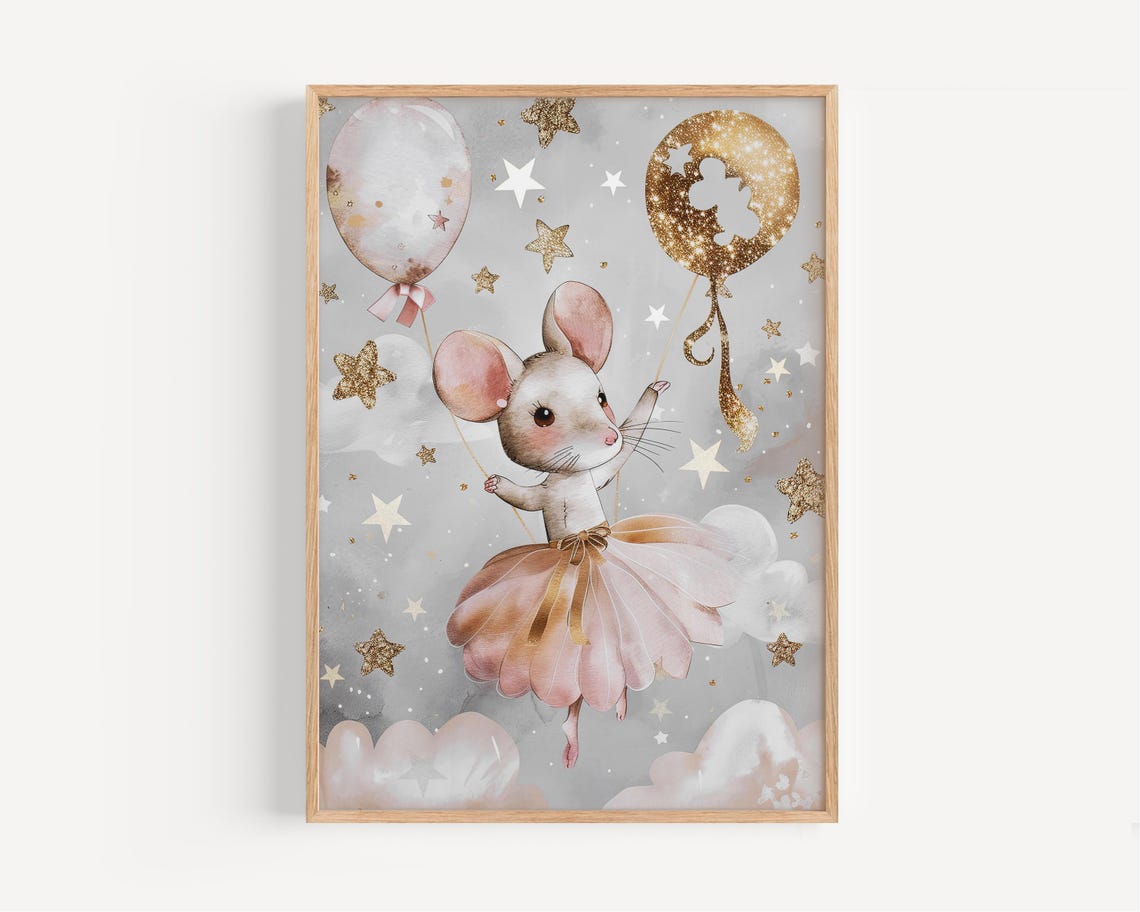 Ballet Mouse in Pink Tutu with Golden Balloons Starry Nursery Poster