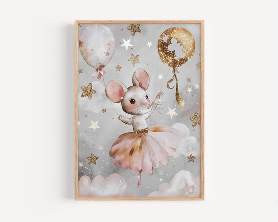 Ballet Mouse in Pink Tutu with Golden Balloons Starry Nursery Poster