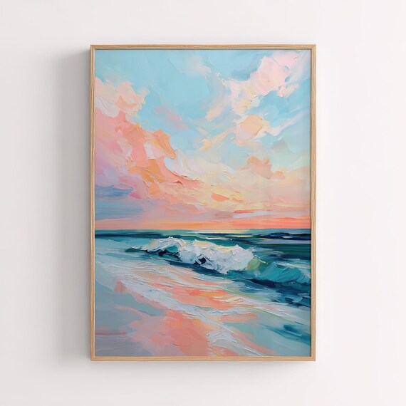 Pastel Ocean Sunset Painting Impressionist Sea Waves Artwork Poster
