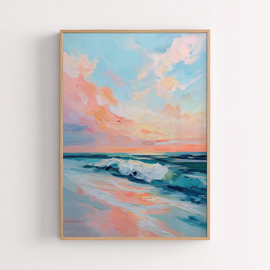 Pastel Ocean Sunset Painting Impressionist Sea Waves Artwork Poster