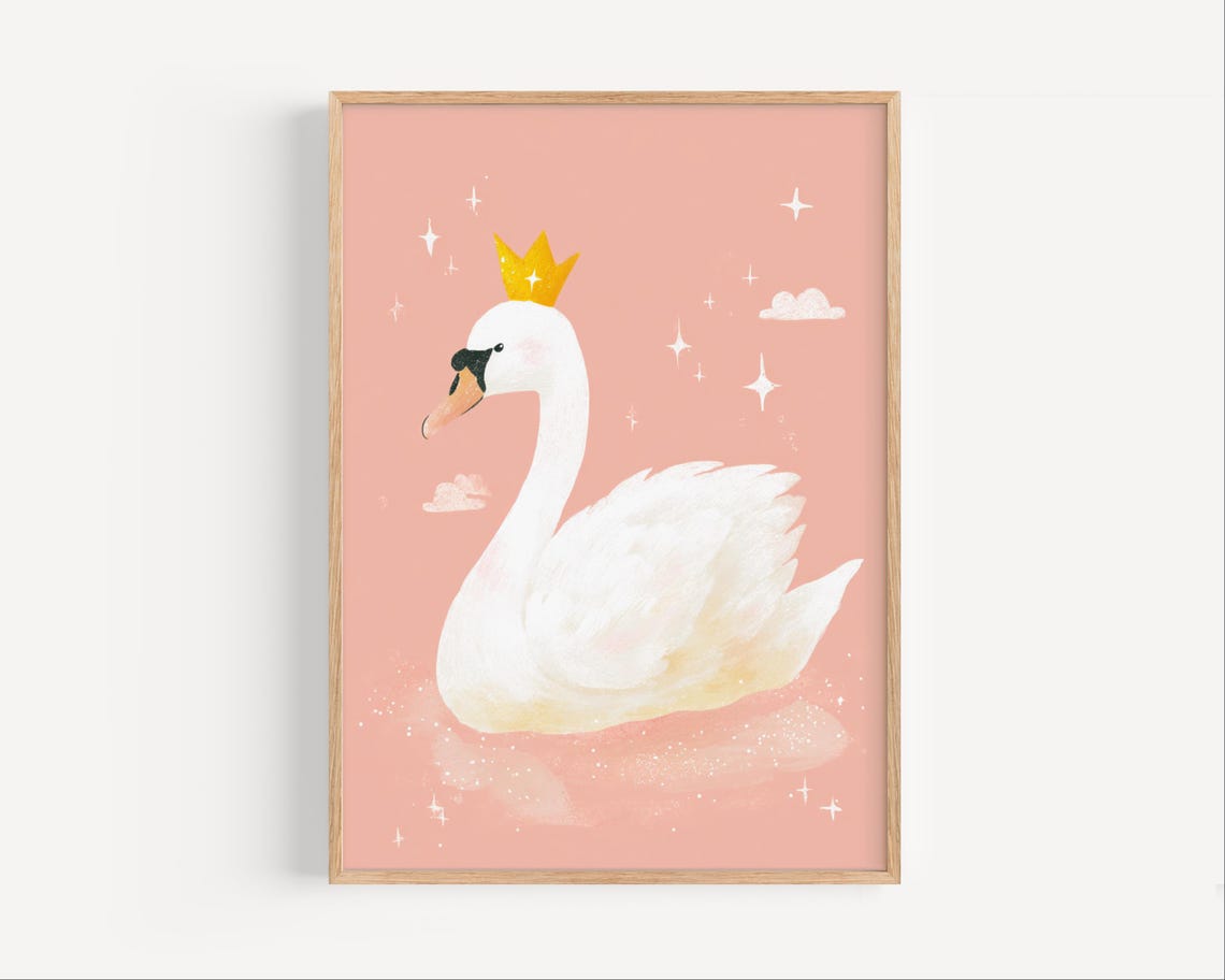 Pink Swan Wall Art For Girls Room Elegant Nursery Poster Baby Girl Bedroom Print Princess Animal Decor Whimsical Bird