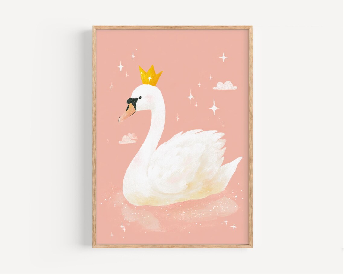 Regal White Swan Wearing A Golden Crown On Pink Nursery Poster