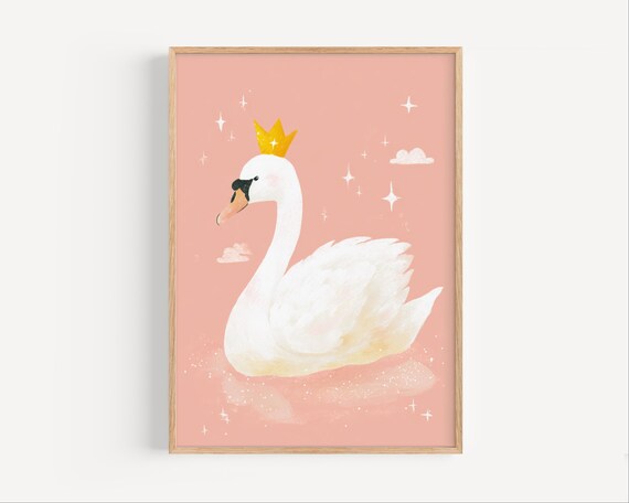 Regal White Swan Wearing A Golden Crown On Pink Nursery Poster