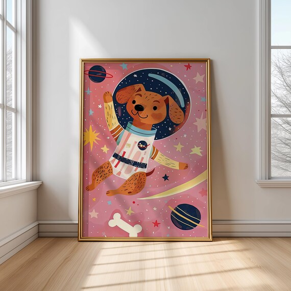 Astronaut Dog Floating In Pink Space Cute Kids Nursery Room Poster