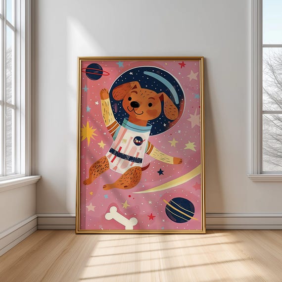 Space Dog Wall Art Print Cute Animal Poster For Kids Room Nursery Or Playroom Decor Gender Neutral Theme Illustration