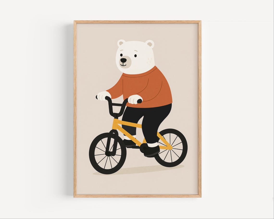 Cute Polar Bear Riding Yellow Bicycle Nursery Kids Room Poster