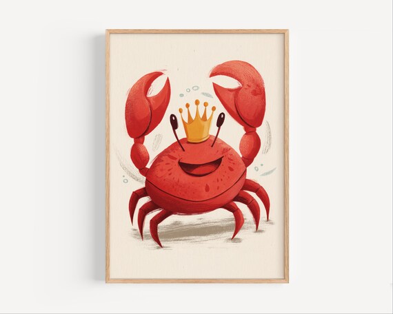 Smiling Red Crab With Golden Crown Cute Nursery Kids Wall Poster