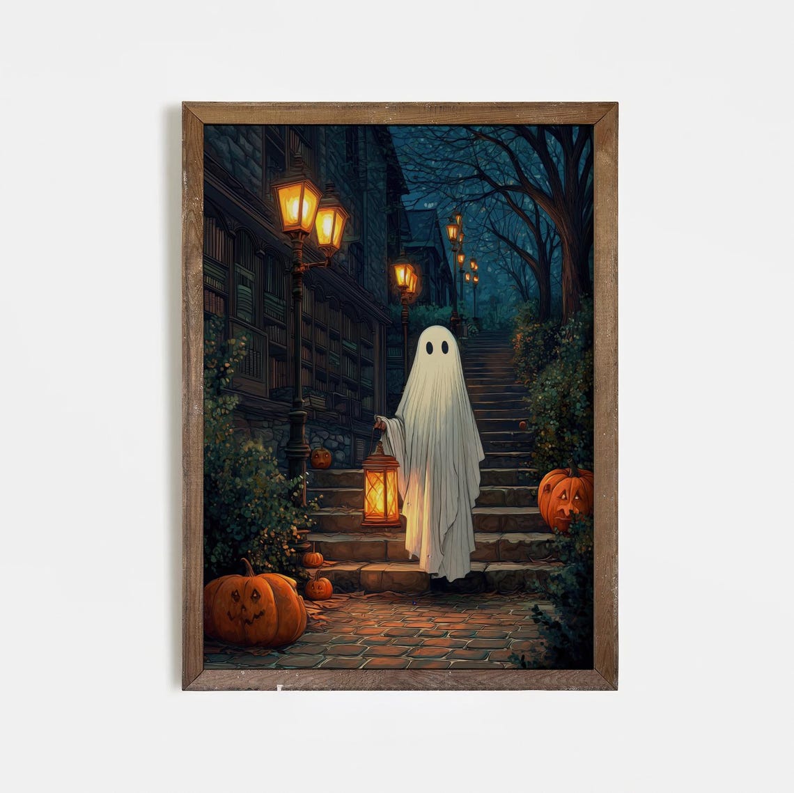 With Lantern Print Spooky Halloween Wall Art Haunted Street Scene Pumpkins Dark Academia Gothic Decor