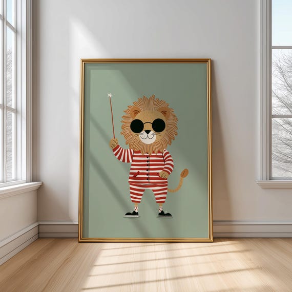 Magical Lion Kids Wall Art Cute Poster In Striped Pajamas With Wands Nursery Animal Print Fun Jungle Decor For Children