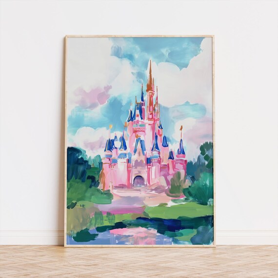 Pink Castle Wall Art Fairytale Painting Whimsical Pastel Decor Dreamy Princess Illustration Kids Room Fantasy Print