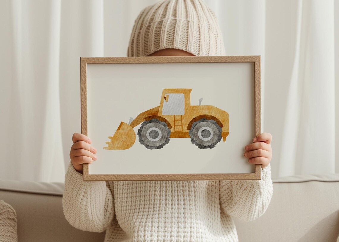 Construction Loader Poster Watercolor Vehicle Wall Art For Kids Room Boys Nursery Yellow Digger Print Decor