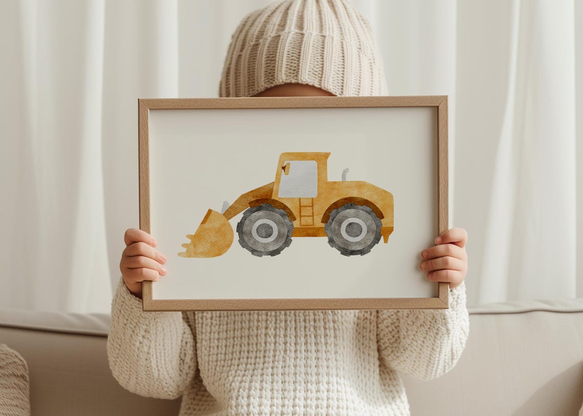 Yellow Front Loader Digger Watercolor Print Kids Room Decor Art