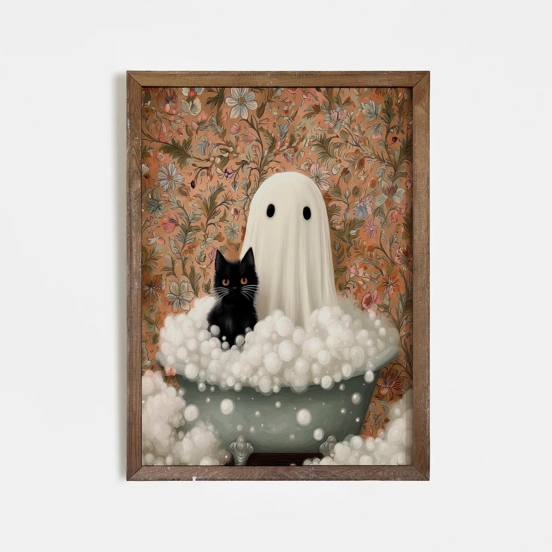 Cute In Bubble Bath With Black Cat Print Whimsical Halloween Wall Art Spooky Bathroom Decor Vintage Floral Poster