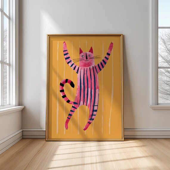 Colorful Cat Wall Art For Kids Room Eclectic Nursery Print Pink Girls Decor Lover