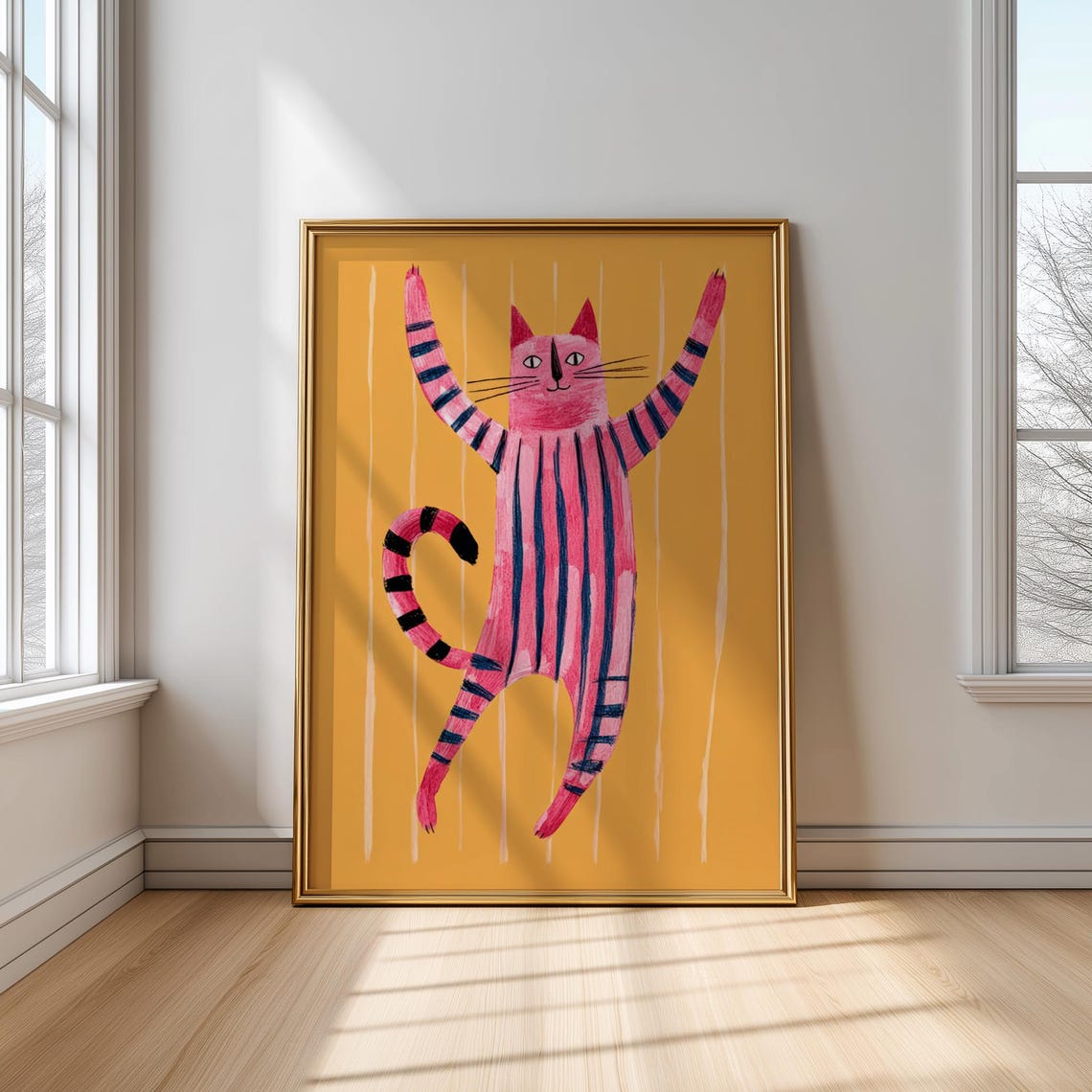 Playful Pink Striped Cat Jumping On Mustard Background Poster