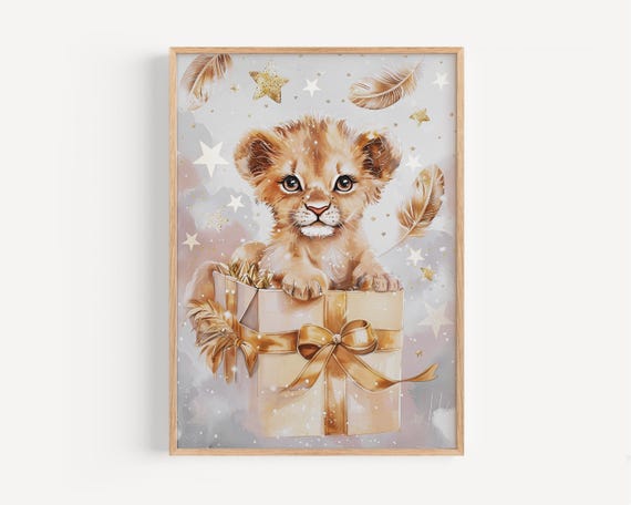Baby Lion Gift Box Nursery Print Cute Safari Animal Wall Art For Kids Gender Neutral Room Decor Boho Jungle Poster