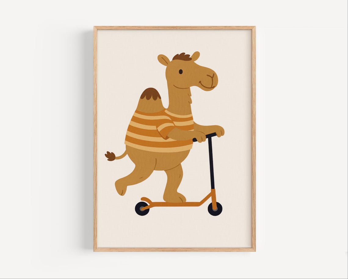 Smiling Camel Riding a Scooter in Striped Shirt Kids Nursery Poster