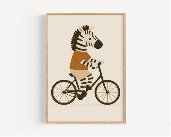 Zebra On Bicycle Modern Animal Nursery Wall Art For Kids Room Scandinavian Style Baby Boy Or Girl