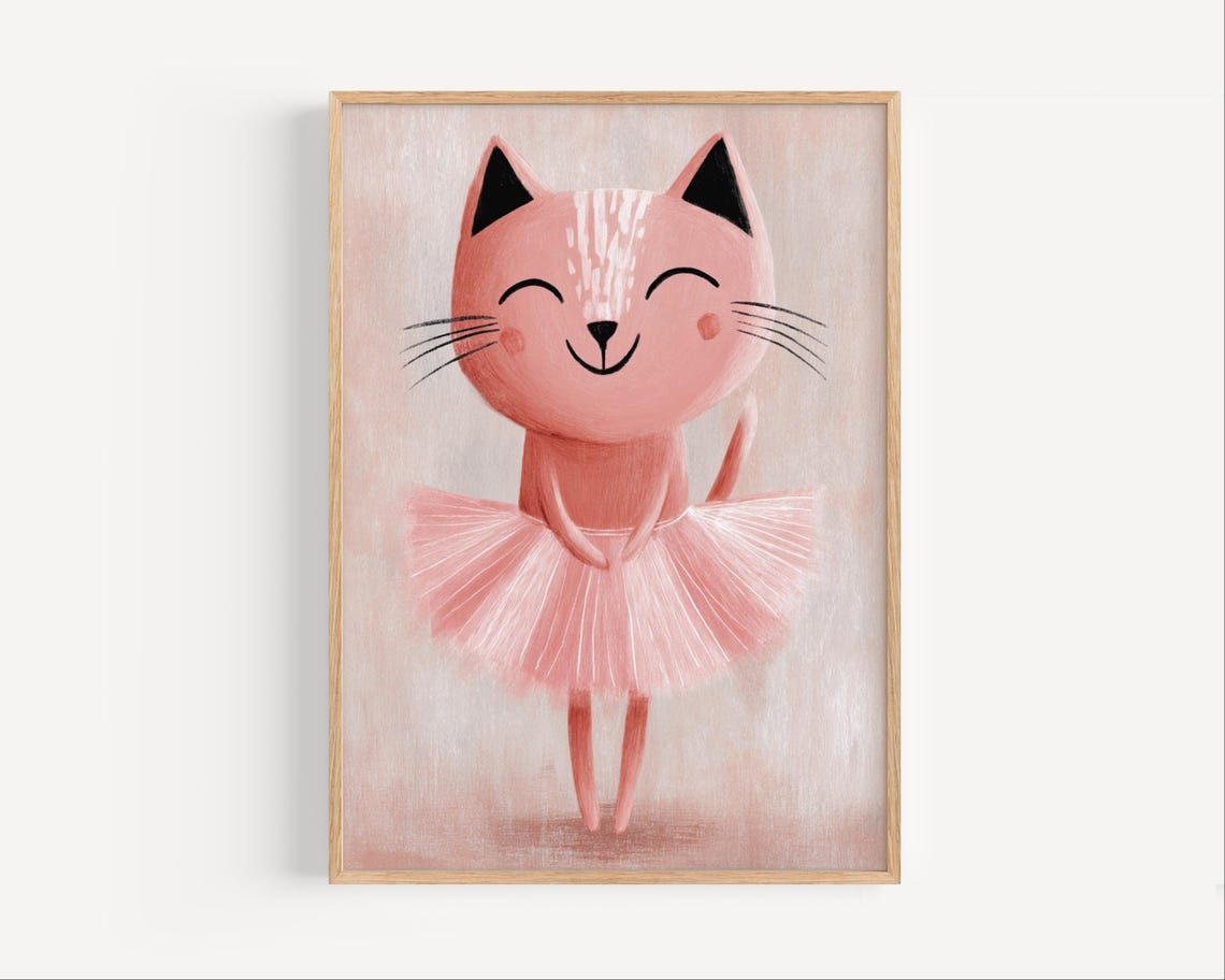 Pink Ballerina Cat In Tutu Cute Nursery Kids Room Decor Wall Art