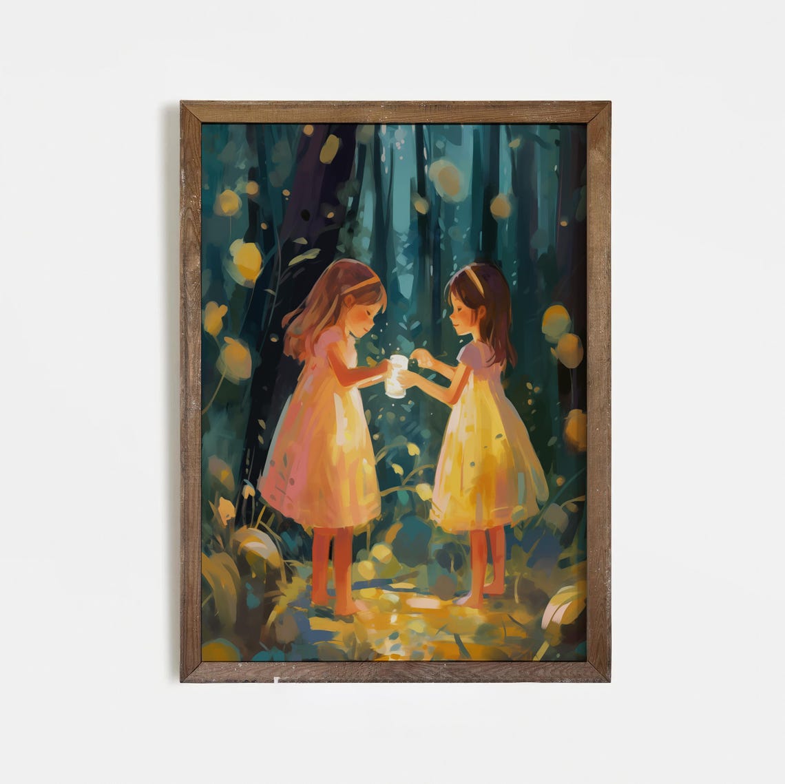 Two Girls Catching Fireflies In Night Forest Painting Poster