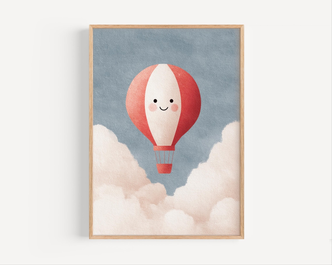 Smiling Red Hot Air Balloon Floating Through Clouds Nursery Poster