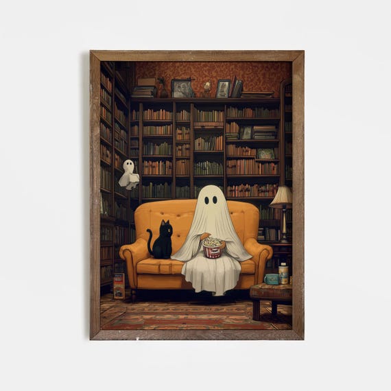 With Black Cat Watching Movies Cozy Halloween Library Wall Art Spooky Cute Fall Print Autumn Popcorn Night Home Decor