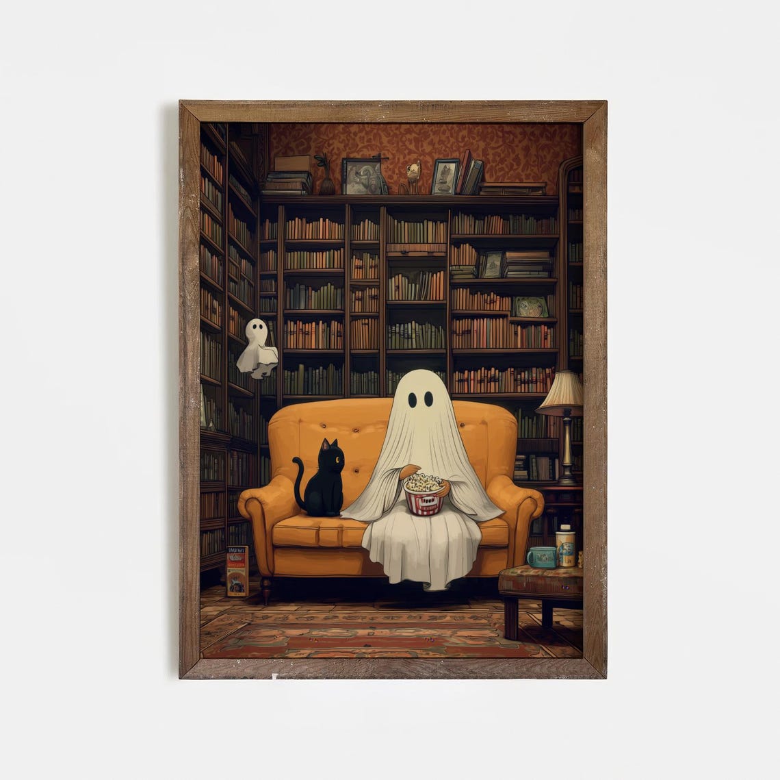 With Black Cat Watching Movies Cozy Halloween Library Wall Art Spooky Cute Fall Print Autumn Popcorn Night Home Decor