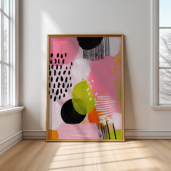 Bold Modern Abstract Art Pink Lime Green Black Print Playful Graphic Wall Decor Instant Poster