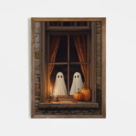 Ghosts At The Window Halloween Wall Art Print Spooky Candlelight Scene With Pumpkins Cozy Haunted House Decor