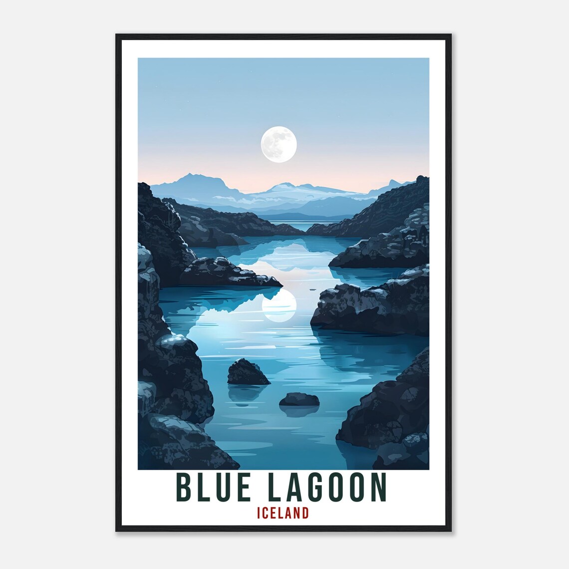 Blue Lagoon Iceland Night Scene Moonlit Lava Rocks Travel Poster - Image 4