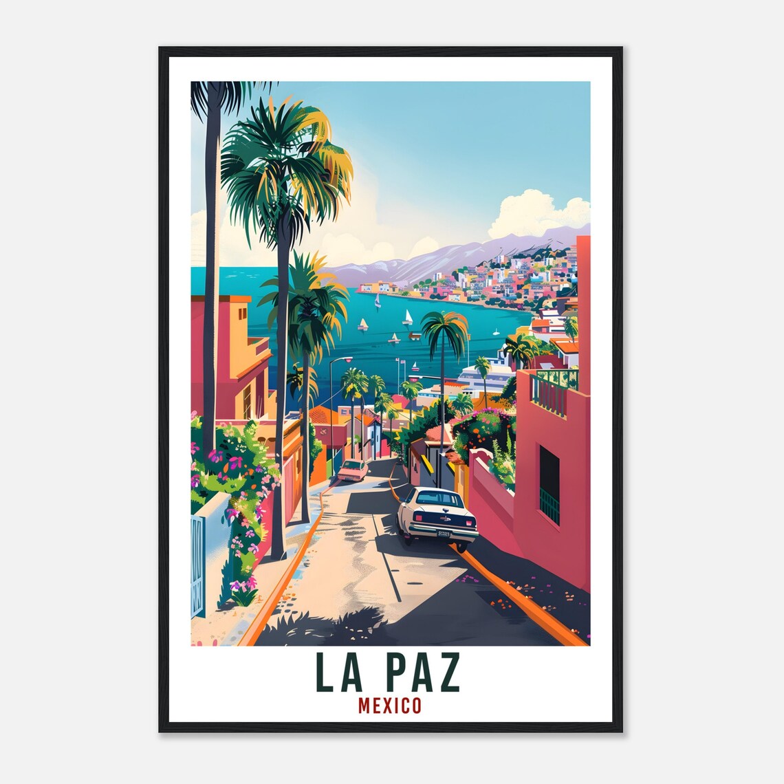 La Paz Mexico Palm Bay Street View Travel Poster Illustration - Image 4